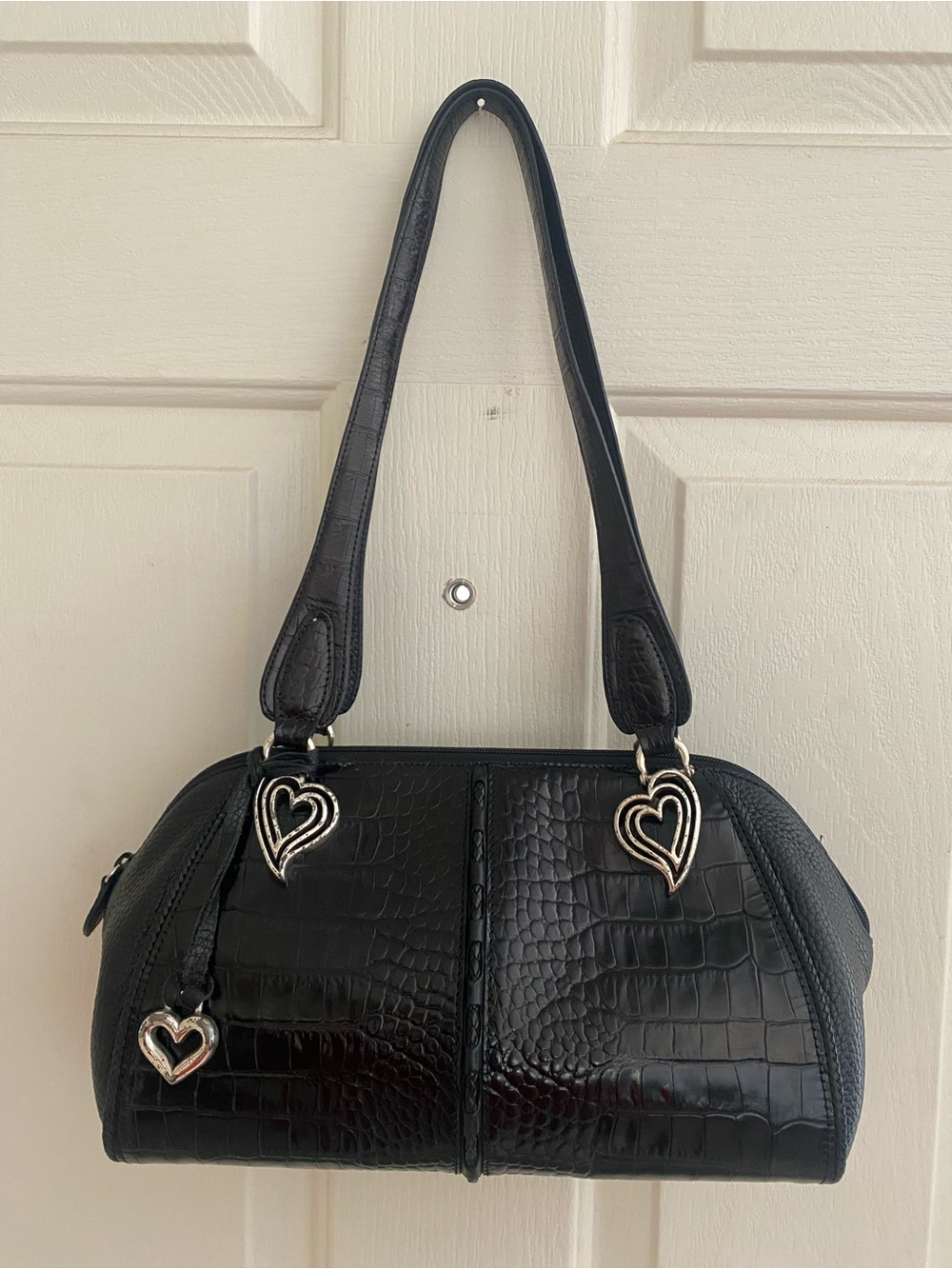 Women’s Brighton Black Leather Shoulder Bag Purse Croc Embossed Satchel